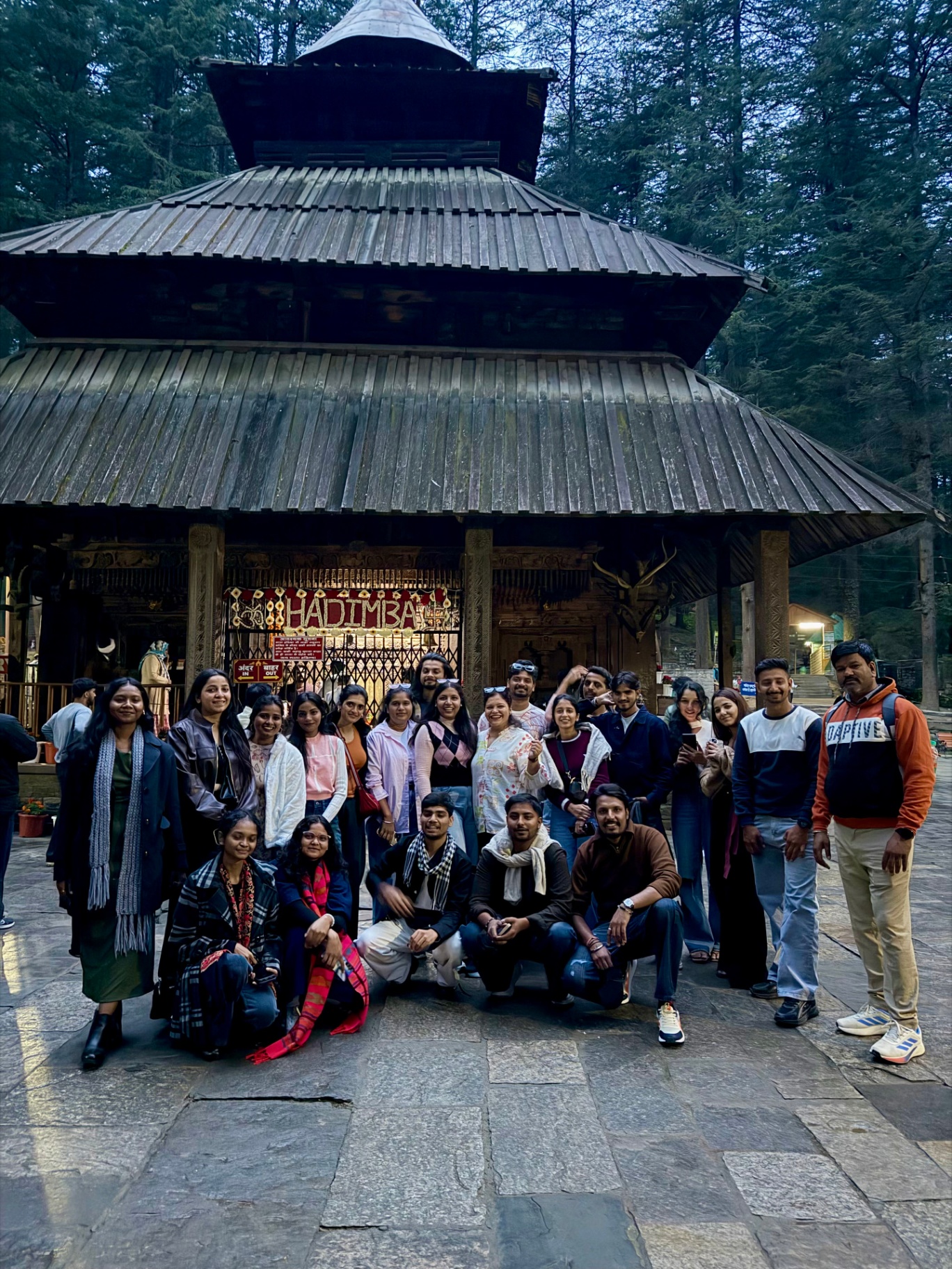 The group in front of the wooden Hadimba Temple in Manali