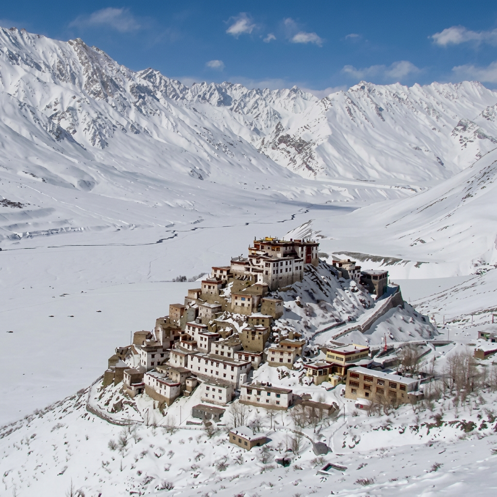 Snow-covered Key Monastery beneath the mountains of Spiti Valley